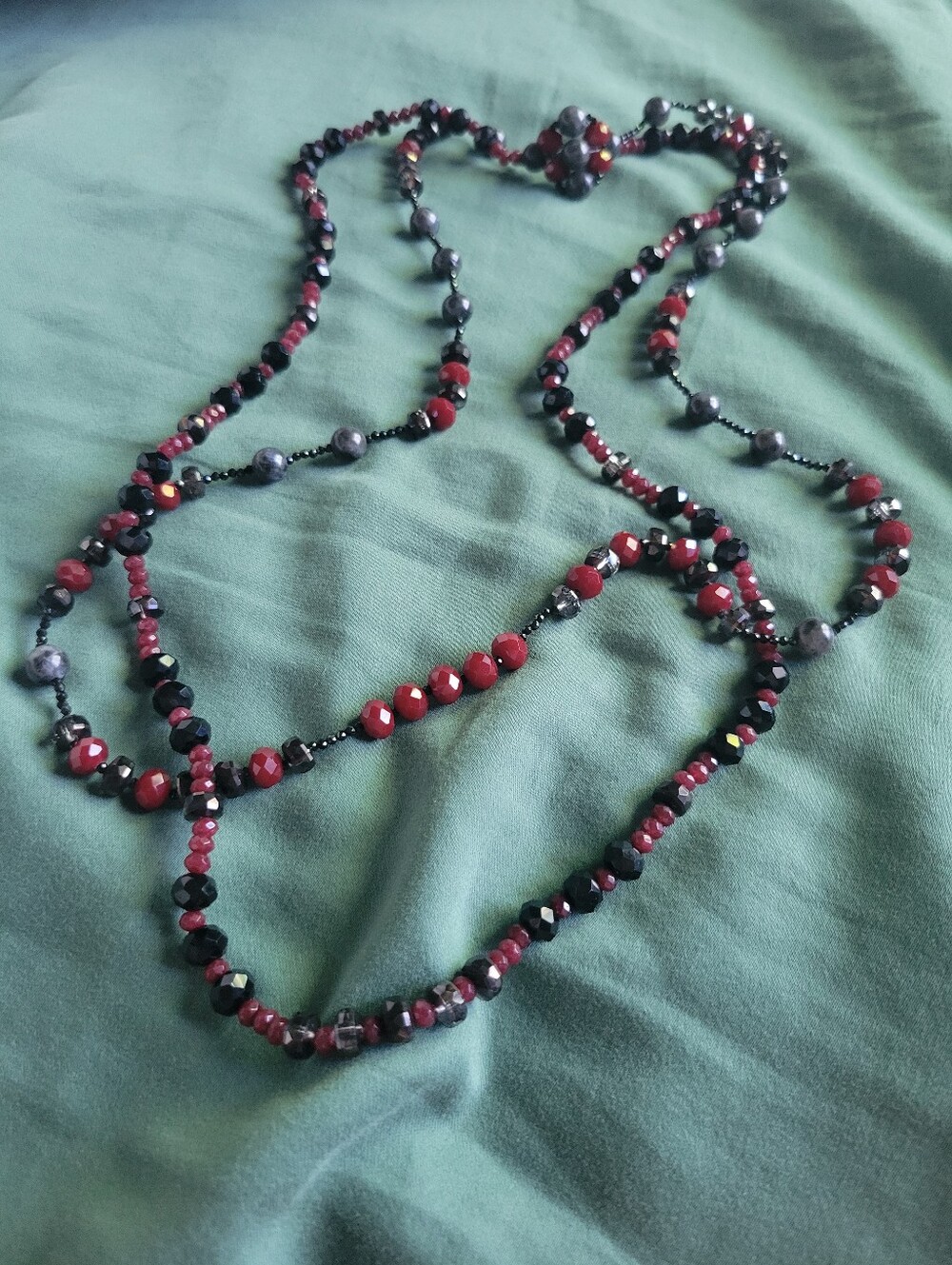 Artisan Handmade Crystal & Stone Double-Layered Black And Red Beaded Necklace